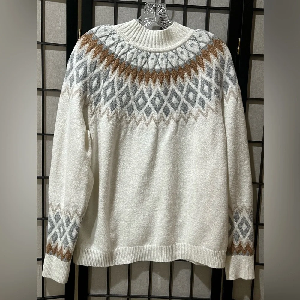 NORT POLE Cream Nordic Yoke Sweater with Gray & Tan Diamond Pattern WOMEN SZ XL